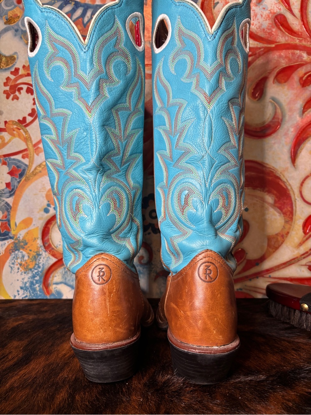 Tony Lama 3D Collection Turquoise Brown Leather Boots - Picture 2 of 9